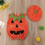 0-3Y Newly Cosplay Halloween Toddler Baby Kid Pumpkin Print Sleeveless Romper Jumpsuits Tops+Hats Baby Clothes 2PCS Costumes