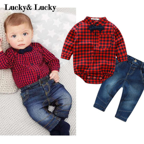 2016 new red plaid rompers shirts+jeans baby boys clothes bebe clothing set -  - BabyShop18