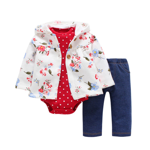 3 Pieces Set Clothes Hooded Zipper Full Sleeve Open flowers Coat Full Sleeve Bodysuits -  - BabyShop18